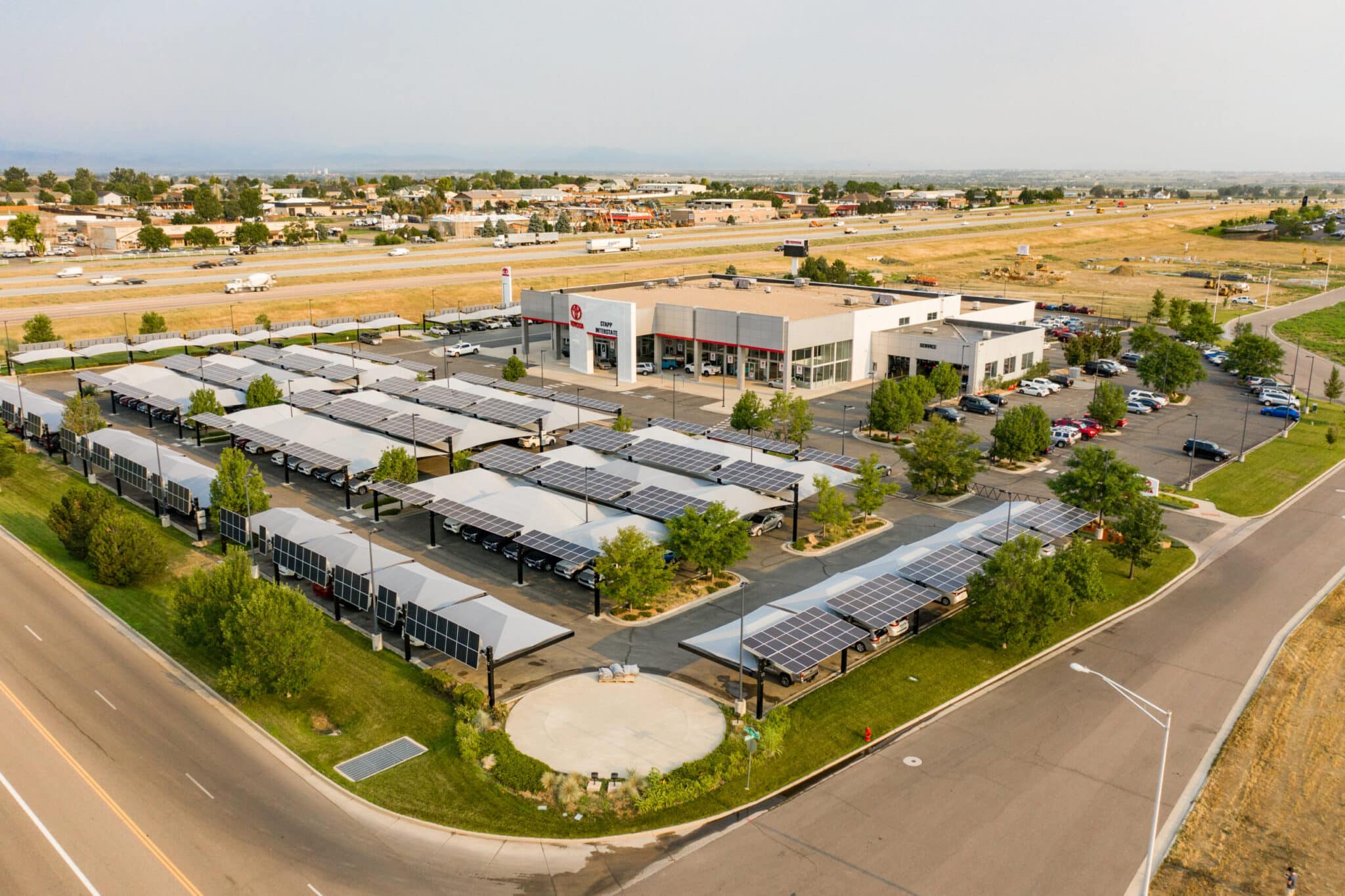 Stapp Toyota aerial image of Solar-Integrated Hail Canopies