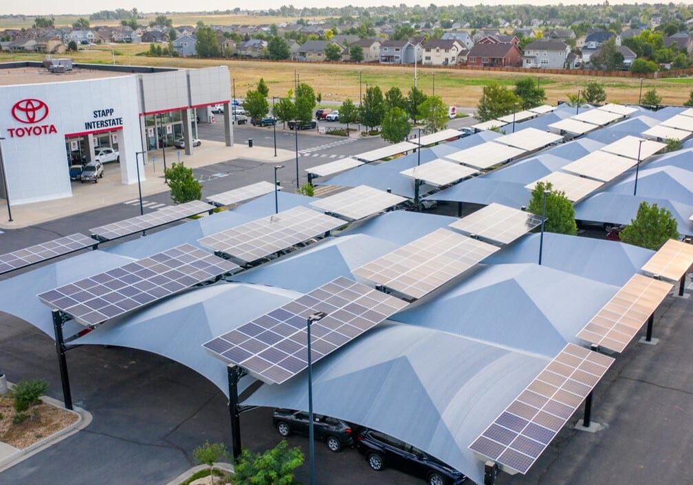 Stapp Toyota aerial image of Solar-Integrated Hail Canopies